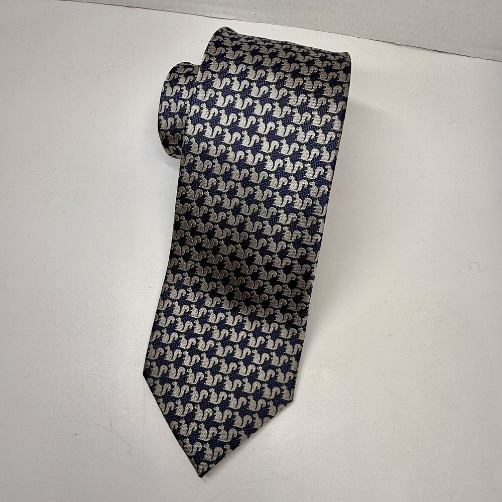 Stafford Signature Blue Background With Silver Squirrel Print 100% Silk Neck Tie
